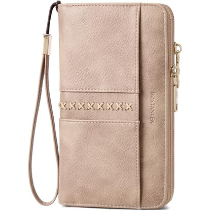 BOSTANTEN Wallets for Women Leather RFID Double Zipper Around Credit Card Holder Large Capacity Wristlet Clutch Wallet - color: Skin Tone