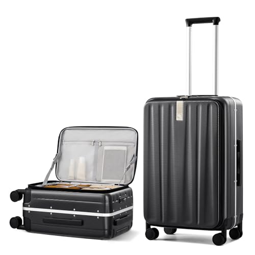 Hanke 24 Inch Checked Luggage PC Hard Shell Suitcases for Travel Front Opening Aluminum Frame Travel Luggage Rolling Suitcase with Wheels.(Jet Black) - color: Black, size: 24 Inch