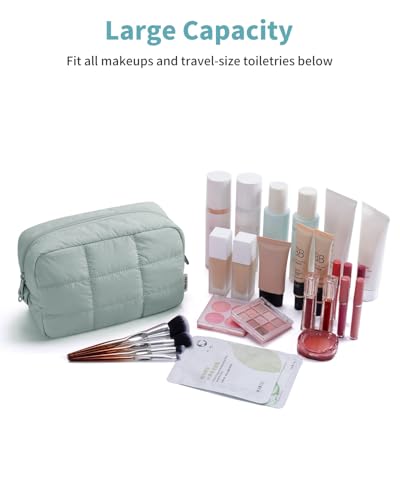 Narwey Puffer Travel Makeup Bag for Women Girl, Quilted Puffy Cosmetic Bag Make Up Bag Organizer, Cute Travel Toiletry Bag for Toiletries (Sage Green) - color: Sage Green