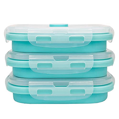 CCyanzi 3piece Collapsible Food Storage Containers with Lids, Silicone Lunch Container, Microwave & Freezer Safe, Space Saving for Kitchen Cabinet and Camping Backpack,(blue) - color: blue