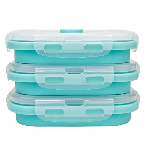 CCyanzi 3piece Collapsible Food Storage Containers with Lids, Silicone Lunch Container, Microwave & Freezer Safe, Space Saving for Kitchen Cabinet and Camping Backpack,(blue) - color: blue