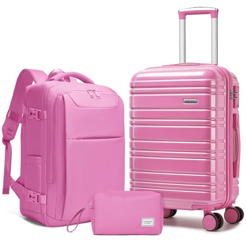 LARVENDER Carry on Luggage 22x14x9 Airline Approved Hardshell Suitcase with Wheels TSA Lock, PC+ABS Lightweight Suitcase Set for Women with Travel Backpack, Glossy Berry - color: Glossy Berry (XL-BP), size: 3 Piece Set (Backpack/TB/20)
