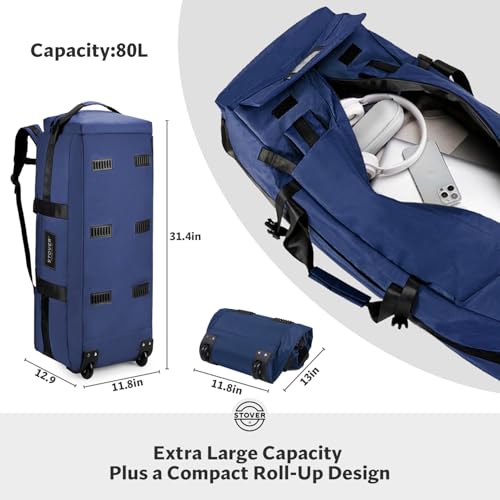 STOVER 45/80/100L Rolling Duffel Bag with Wheels, Large Durable Travel Duffle + Toiletry Bag, Heavy Duty, Packable, Foldable with Shoulder Straps- Use as Luggage or Backpack, Men/Women (Navy Blue) - color: Navy Blue
