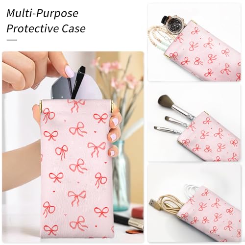 Glasses Case Soft, Eyeglass Cases for Women Portable Squeeze Top PU Leather 2 Pack Glasses Pouch with Cleaning Cloth - color: 2pcs Bow Heart Print