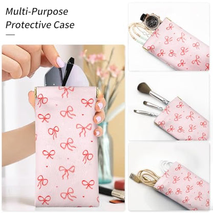 Glasses Case Soft, Eyeglass Cases for Women Portable Squeeze Top PU Leather 2 Pack Glasses Pouch with Cleaning Cloth - color: 2pcs Bow Heart Print