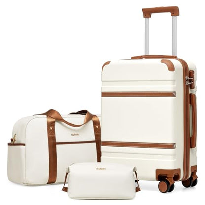 LONG VACATION Carry On Luggage Set 3 Piece, 20 Inch ABS+PC Hardshell Carry on Suitcase with Spinner Wheels TSA Lock & YKK Zipper - color: White Brown, size: 3 Piece Set (20 Inch)