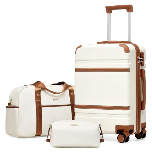 LONG VACATION Carry On Luggage Set 3 Piece, 20 Inch ABS+PC Hardshell Carry on Suitcase with Spinner Wheels TSA Lock & YKK Zipper - color: White Brown, size: 3 Piece Set (20 Inch)