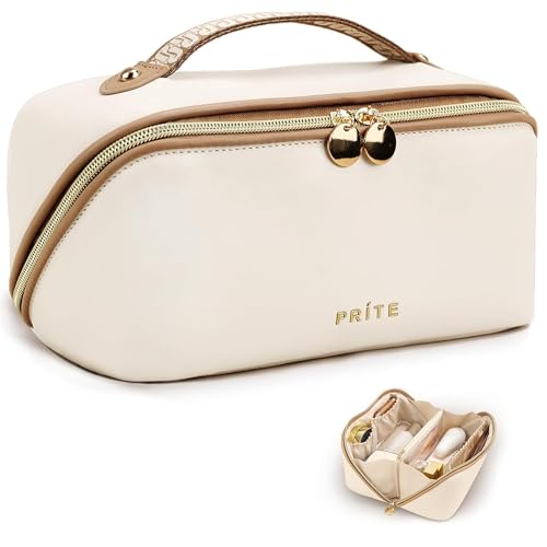 Prite Makeup Bag for Women Travel Waterproof Vegan Leather Cosmetic Bag Open Flat Toiletry Bag With Clear Divider and Handle (Beige, Large) - color: Beige, size: Large