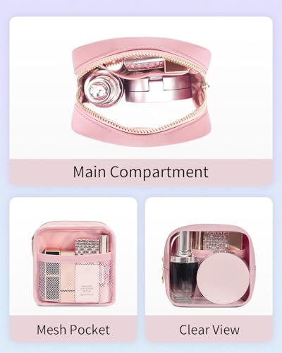 Wandering Nature Clear Makeup Bag for Purse Mini Make up Bag Cute Cosmetic Pouch for Women with Slip-in Pockets Travel Toiletry Essentials Vegan Leather Organizer Pouch,Patent Pending - color: Pink