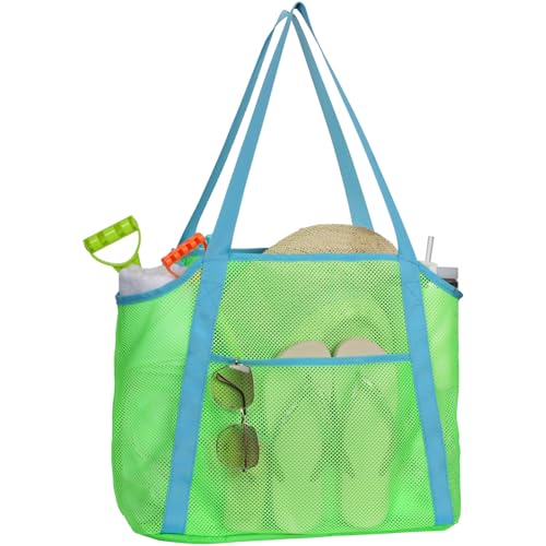F-color Mesh Beach Bag Family - Large Tote Bag 9 Pockets for Swim Pool Toys Cruise Beach Vacation Essentials - color: Green, size: Large with Mesh Bottom