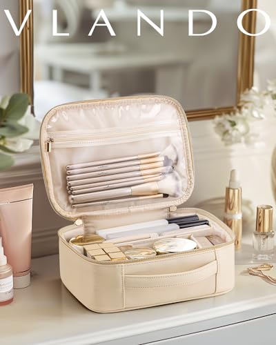VLANDO Travel Makeup Bag,Portable Cosmetic Bag Makeup Case Organizer, Makeup Bag with Adjustable Dividers for Women,Girls,Wedding,Cosmetic Brushes,Toiletry,Gifts,Anniversary-Beige - color: B.White-Medium