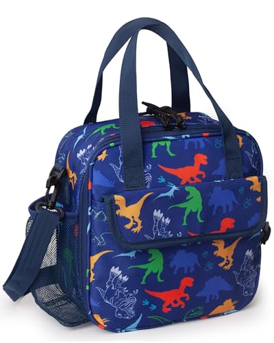 Dinosaur 5L Kids Insulated Lunch Bag Easy to Clean Leakproof Wipeable liner Side Water-bottle Holder Lunch Box for Kids with Shoulder Strap Kids Lunch Bag for School Travel Picnic - color: Dinosaurs