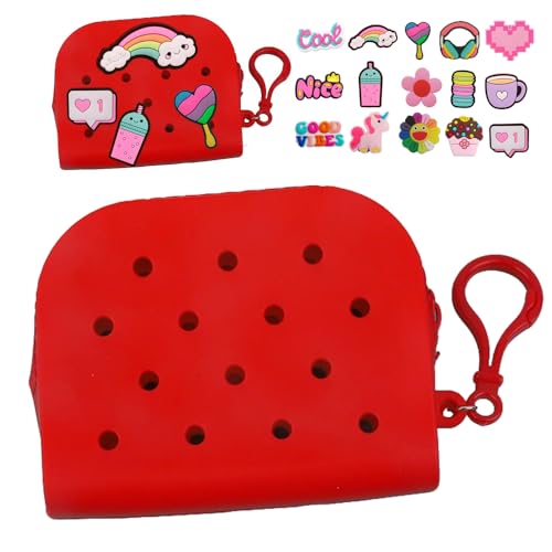Soft Silicone Mini Coin Purse with Zipper and Cartoon Hole,with 15 pcs DIY Charms. Portable Keychain Pouch Organizer (Red) - color: Red