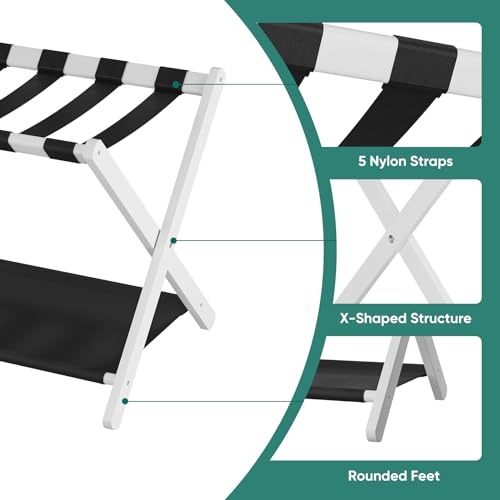 Smuxee White Bamboo Luggage Rack Pack of 2, Foldable Suitcase Stand with Storage Shelf, Easily Assembled Luggage Stand with 5 Nylon Straps for Guest Room Bedroom Hotel - color: White 2PCS