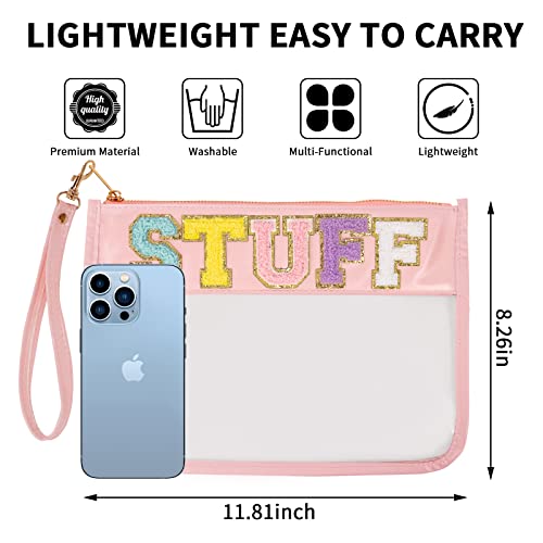 Iqimott Chenille Letter Stuff Bag Clear Flat Pouch, Monogram Glitter Letter Patch Makeup Cosmetic Bag Zipper Toiletry Pouch, Portable Travel Beach Snack Wristlet Bags for Women Girls(Stuff, Pink) - color: Stuff-Pink