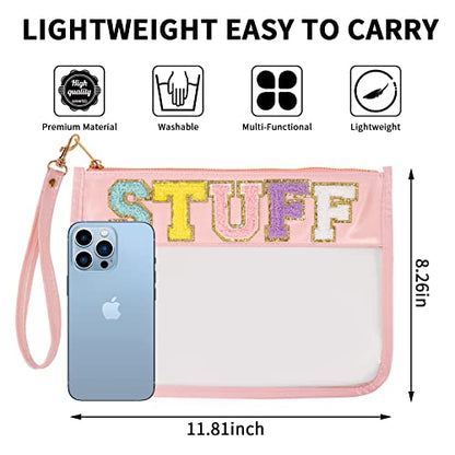 Iqimott Chenille Letter Stuff Bag Clear Flat Pouch, Monogram Glitter Letter Patch Makeup Cosmetic Bag Zipper Toiletry Pouch, Portable Travel Beach Snack Wristlet Bags for Women Girls(Stuff, Pink) - color: Stuff-Pink