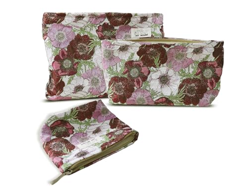 HAPPYHEIDI Makeup Bag Set 3 Cosmetic Toiletry Organizer Zipper Pouch for Purse Tote, Women Girls Gift, Large Medium Small, Red Floral Jacquard Polyester - color: Jacquard Floral Polyester Set of 3