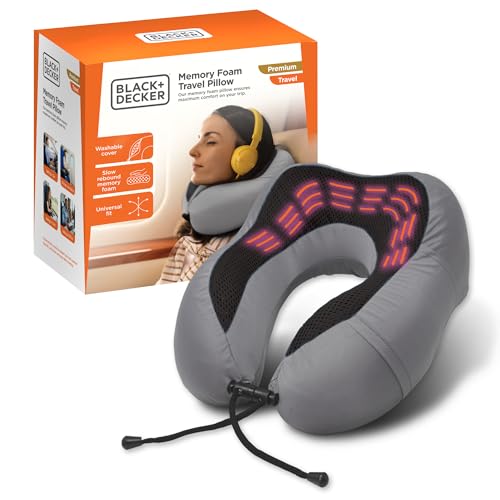 BLACK+DECKER Cooling Gel Memory Foam Neck Pillow – Travel Pillow for Plane, Car & Train – Ergonomic Neck Support, Slow Rebound Memory Foam, Washable Cover, Universal Fit, Grey - color: Grey