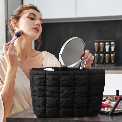 Hillban 1 Pcs Black Puffy Quilted Makeup Bag Quilted Cosmetic Bag Cute Puffer Toiletry Checkered Pouch Aesthetic Travel Makeup Brushes Organizer (Classic) - color: Black, size: Classic