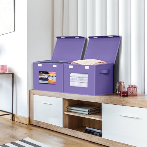 Univivi Storage Bins with Lids [4-Pack] Fabric Lidded Storage Baskets Stackable Closet Storage Bins, Closet Organizers and Storage with Lid & Clear Window for Home, Office, Bedroom (Purple) - color: Purple, size: 17''-4 Pack