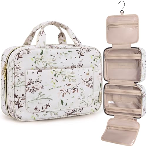 BAGSMART Toiletry Bag Travel Bag with Hanging Hook, Water-resistant Makeup Cosmetic Bag Travel Organizer for Accessories, Shampoo, Full-size Container, Toiletries (Beige Ditsy Floral, Medium) - color: Beige Ditsy Floral, size: Medium