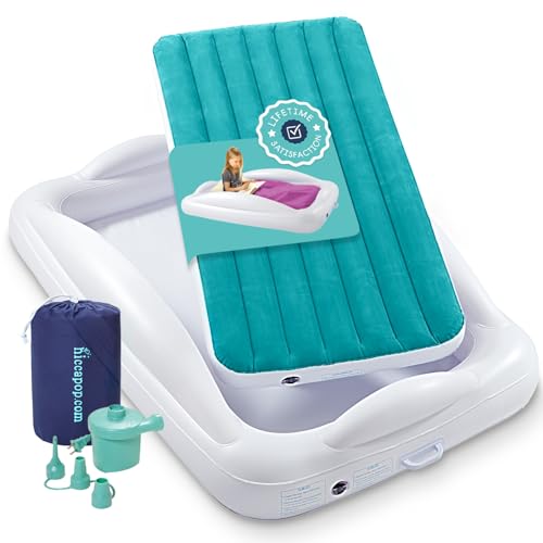 Hiccapop Inflatable Toddler Travel Bed with Safety Bumpers [4-Sided] | Portable Toddler Bed for Kids | Toddler Air Mattress | Kids Air Mattress - Teal Blue - color: Teal