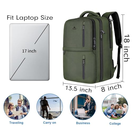 MATEIN Carry on Travel Laptop Backpack, Large Flight Approved Personal Item Travel Backpack with Shoe Compartment, Water Resistant Weekender Overnight Bag Fit 17 Inch Laptop, Green - color: Green, size: X-Large