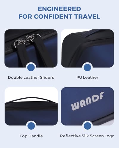 WANDF Toiletry Bag for Men, PU Leather Dopp Kit with Detachable Waterproof Hanging Pouch and Wet Pocket (Navy Blue) - color: Navy Blue