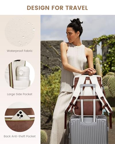 LOVEVOOK Travel Backpack For Women,40L Carry On Backpack Flight Approved,TSA Personal Item Travel Bag Fits 17 Inch Laptop,Business Weekender Overnight Daypack with Toiletry Bag and Cube,White brown - color: White With Brown, size: 17.3 Inch-40L-4Pcs
