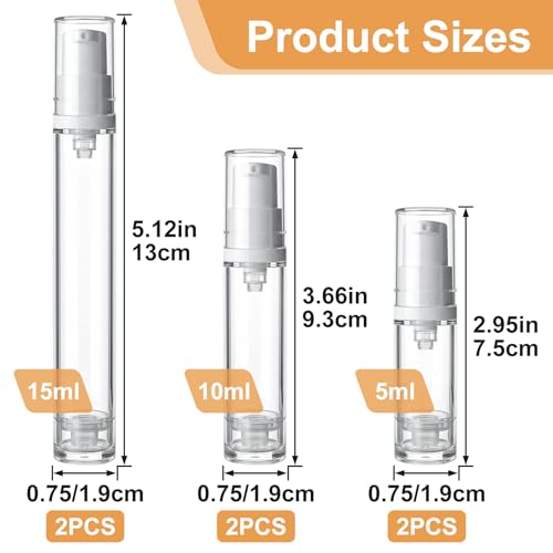 6pcs Airless Travel Pump Bottle, Clear Empty Refillable Vacuum Pump Bottle, 5ml 10ml 15ml Plastic Press Lotion Travel Container for DIY Cosmetic Foundation Toiletries - color: White