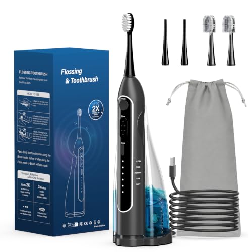 Portable Water Flosser for Teeth Travel Rechargeable Electric Toothbrush with Water Dental Flosser IPX8 200ML Oral Irrigator Cleaner with 5 Flossing Modes 3 Toothbrush Modes for Teeth,Gums,Braces Care - color: Black