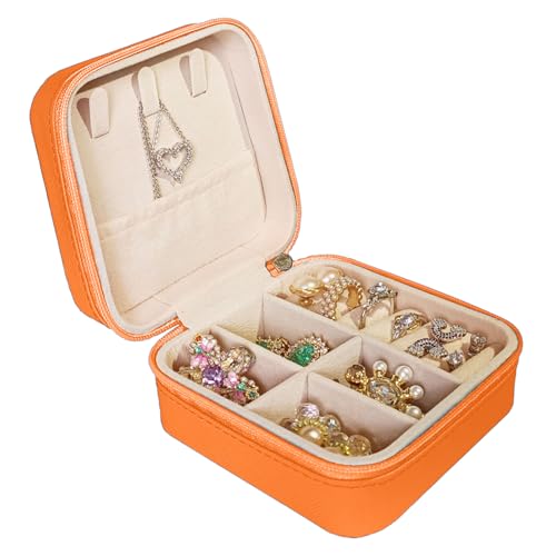 Small Travel Jewelry Box, Portable Mini Jewelry Leather Box Jewelry Ring Organizer Case Storage Holder Gift Boxes for Girls Women, Orange - color: Orange