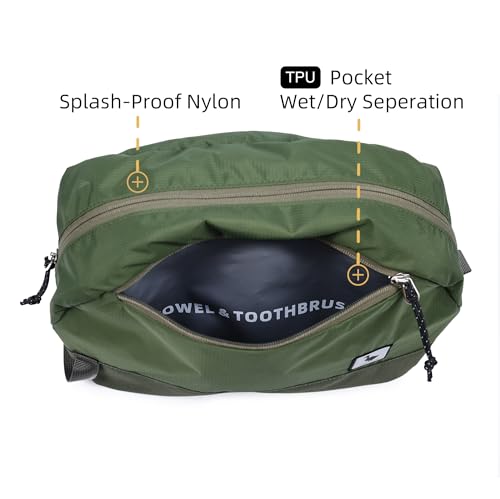 Travel Toiletry Bag 8L, Large Packing Cube with Waterproof TPU Wet/Dry Compartment - color: Medium Olive, size: 8L