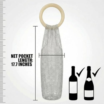 Wine Pouch Mesh Bag, Resin Handle Wine Bag, Sparkly Rhinestone Handwoven Mesh Bags, Party Water Bottle Bags Accessory, Daily Housewarming Party Use (Brown) - color: Brown