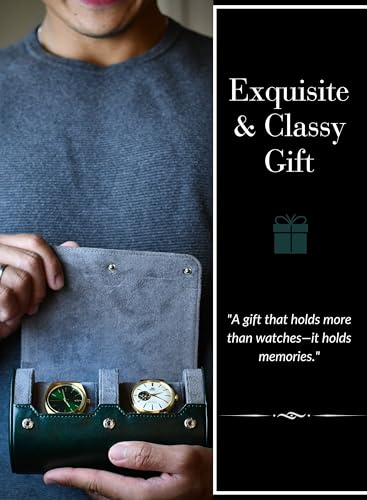2 Watch Travel Case for Men- Watch Roll Holder and Display - Royal Green Swiss Motif Vegan Leather - color: Green - Royal
