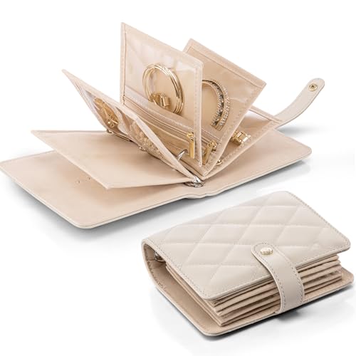 VLANDO Mini Travel Jewelry Organizer Case,Portable Jewelry Organizers Storage Book with Clear Zipper Velvet Jewelry Pouch Bag for Travel Essentials,Ring,Earring-Cream White - color: Cream White