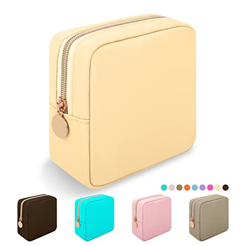 Nylon Mini Makeup Bag, Preppy Small Cosmetic Bag Compact Make up Pouch Toiletry Bag, Waterproof Zipper Purse Travel Coin Pouch Sanitary Napkin Storage Bag for Women Girls Teens(Beige) - color: Beige, size: Mini