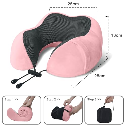 Travel Pillow, Memory Foam Neck Pillow for Traveling, U Shape Neck Pillow Airplane Portable Flight Pillow Travel Kit with 4D Contoured Eye Masks and Earplug for Plane Train Car Home Office - Pink - color: Pink
