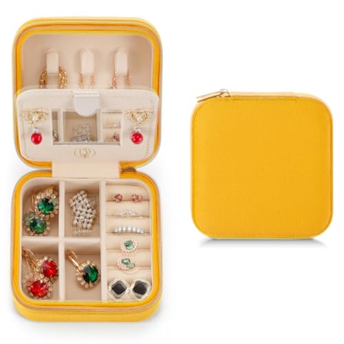 ZPROW Plush Velvet Travel Jewelry Case, Organizer, Box, Small Case for Women, Earring Organizer with Mirror, Best Gifts For Daughter, Girlfriend, Mom | Gifts For Her - Yellow - color: Velvet 1 Pack - Yellow