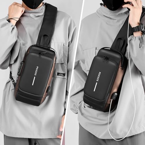 Peicees Mens Crossbody Bag Man Bags Mens Purse Anti-theft Leather Sling Bag Shoulder Bag Chest Bag for Daily Use, Black Gold - color: Black Gold