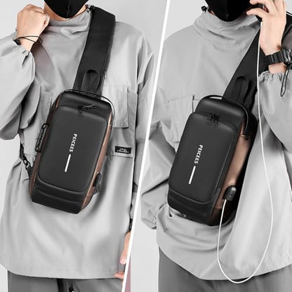 Peicees Mens Crossbody Bag Man Bags Mens Purse Anti-theft Leather Sling Bag Shoulder Bag Chest Bag for Daily Use, Black Gold - color: Black Gold