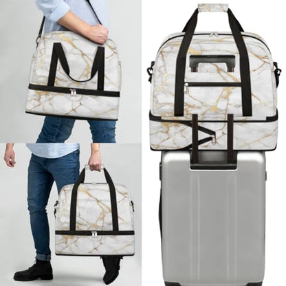 Travel Duffle Bags With Shoes Compartment for Women Men White Gold Marble Lightweigh Sports Tote Gym Bag Marble Foldable Canvas Weekender Overnight Carry On Luggage Handle Bag - color: Z01:White Gold Marble