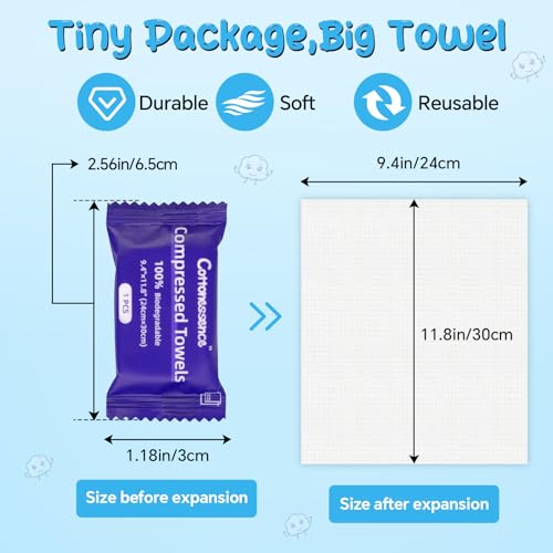 Cottonessence Premium Compressed Towels (50-Pack) - 9.4" x 11.8" Individually Wrapped Coin Tissues, Portable Towels for Travel, Hiking, Gym, Spa, Beauty Salon, Makeup, Baby Care, Outdoor Use - size: 50 Count (Pack of 1)