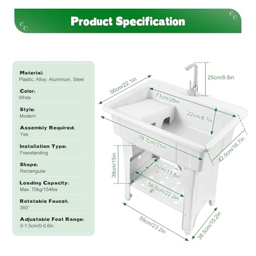 Freestanding Plastic Laundry Sink with Washboard, Indoor Outdoor Utility Sink with Cold and Hot Water Faucet, Hoses and Drain Kit for Laundry Room, Garage, Garden (31.5×22.05×31.5 Inch) - color: White, 31.5 x 22.1 x 31.5in