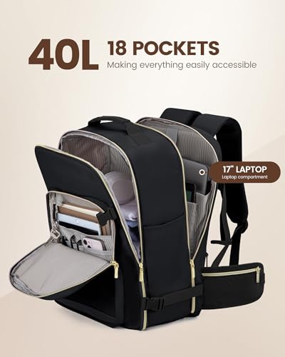 LOVEVOOK 40L Travel Backpack with Waist Strap,Flight Approved Carry on Backpack,Waterproof Personal Item Travel Bag,TSA Carry on Luggage Suitcase Travel Essentials,Gifts for Women & Men,fit 17" Laptop - color: Black-black, size: Large-40L-4Pcs(Waist Strap