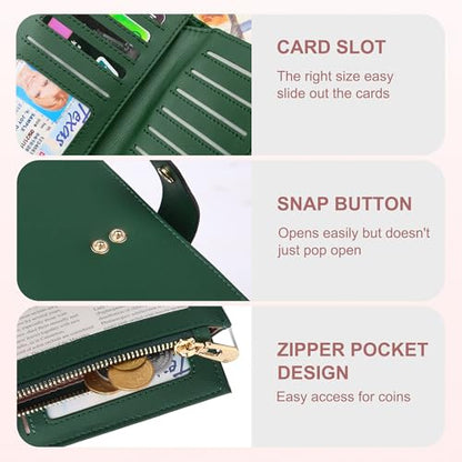 yiijay Womens Wallet RFID Blocking Leather Trifold Clutch Wallet Credit Card Holder Ladies Travel Wallet Purse with Pen Holder - color: 1Dark Green