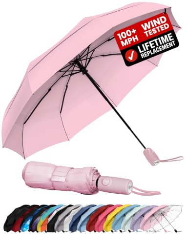 Repel Windproof Travel Umbrella - Compact & Withstands Winds up to 100MPH , Strongest Premium Auto Folding Umbrella for Rain and Sun - Durable, Light & Portable for Women & Men , Fits Backpack & Cars - color: Pastel Pink