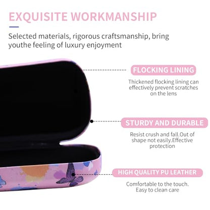 PERFECTSIGHT Sunglasses Case, Large Hard Shell Glasses Case, Cute PU Leather Protective Eyeglasses Case for Women Men - color: Pink Butterfly