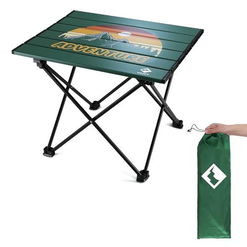 VILLEY Portable Camping Side Table, Ultralight Aluminum Folding Table with Mountain Silhouette Print and Carry Bag for Camping, Picnic, Beach, Travel - color: Green, size: Medium 19'', style: Mountain Silhouette
