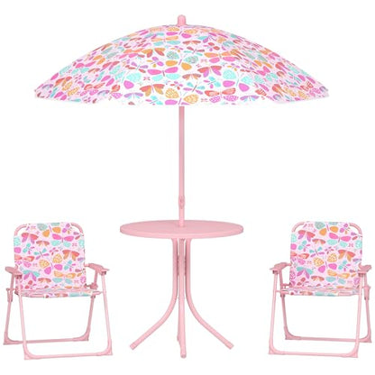 Qaba Kids Picnic Table and Chair Set, Outdoor Activity Table with Foldable Chairs, Removable Umbrella, Butterfly Pattern Toddler Patio Furniture for Backyard, Garden, Pink
